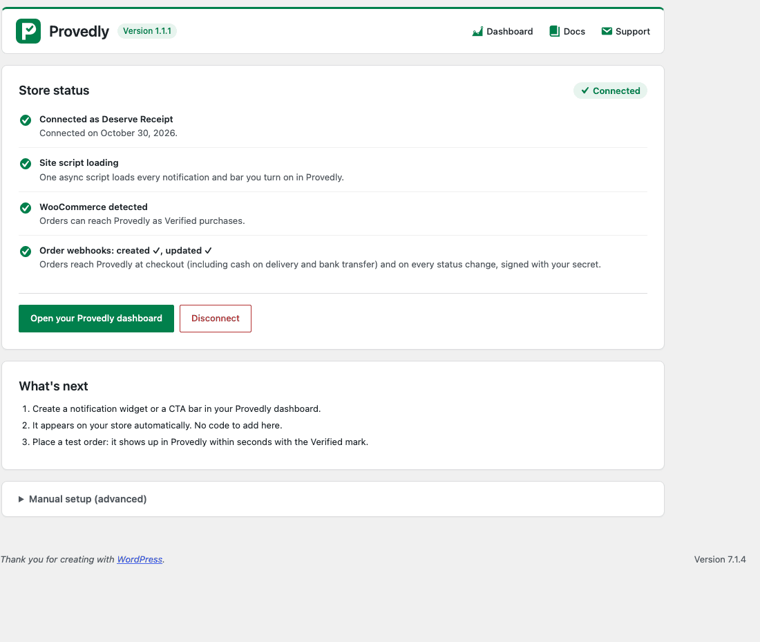 A página do plugin depois de conectar: status da loja e os dois webhooks de pedidos ativos