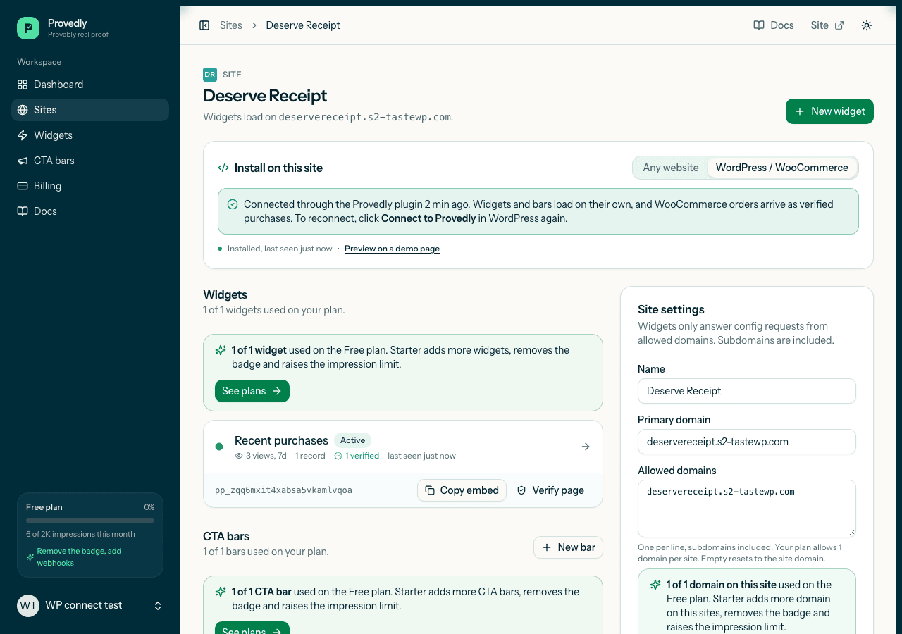 O site no painel do Provedly, marcado como conectado pelo plugin