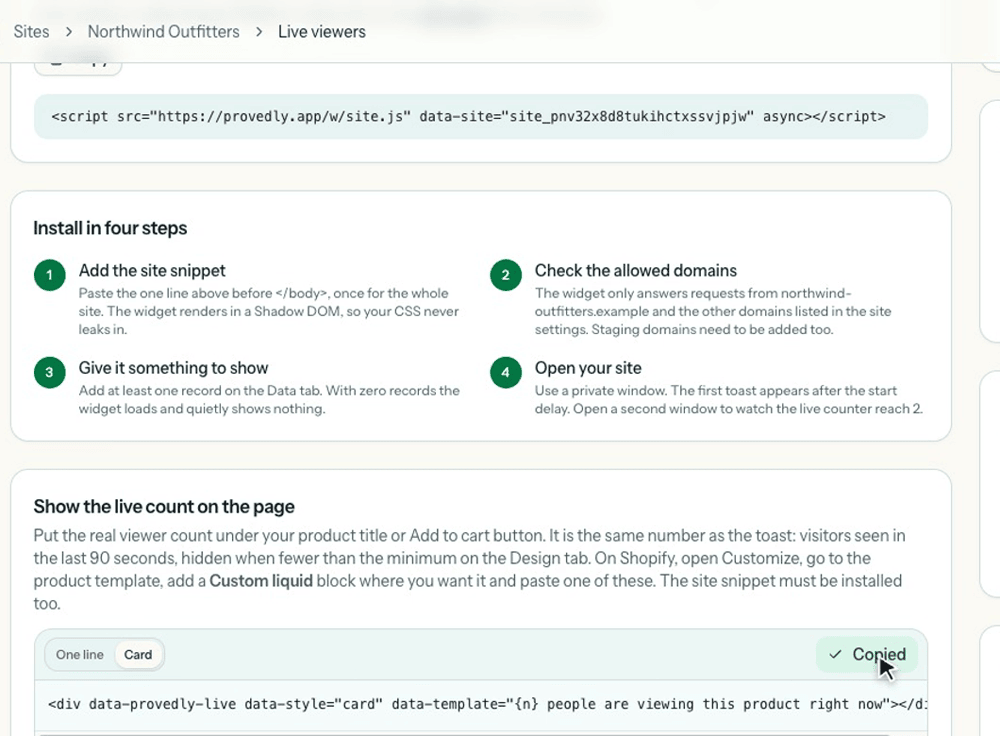 The Embed tab with the site snippet and the counter line ready to copy